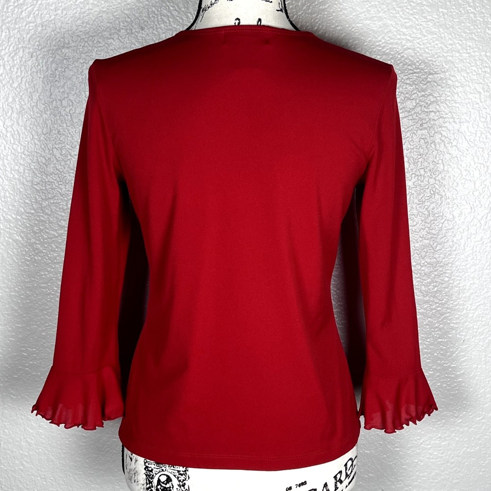 Style & Co Sz PS V-Neck Blouse Red 3/4 Sleeves Semi-Sheer Ruffles at Wrist - Picture 2 of 10